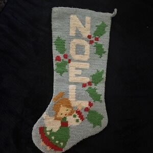 Vintage Finished Noel Angel Needlepoint Stocking 17" Holly‎ Light Blue Christmas